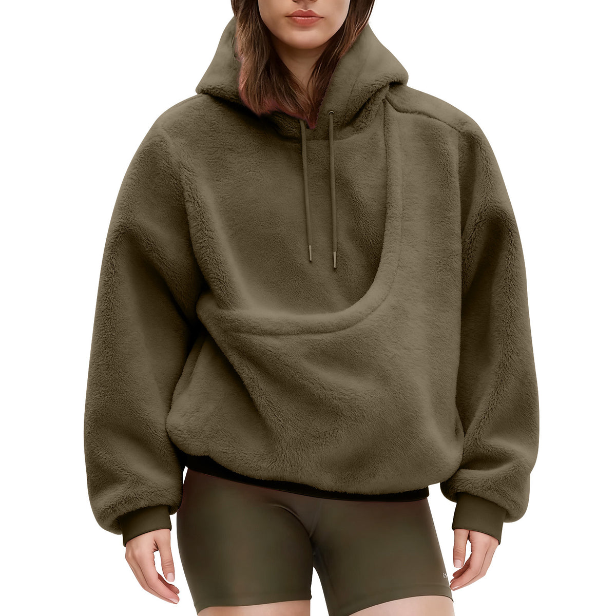 Olive pet pouch hoodie, worn by a model