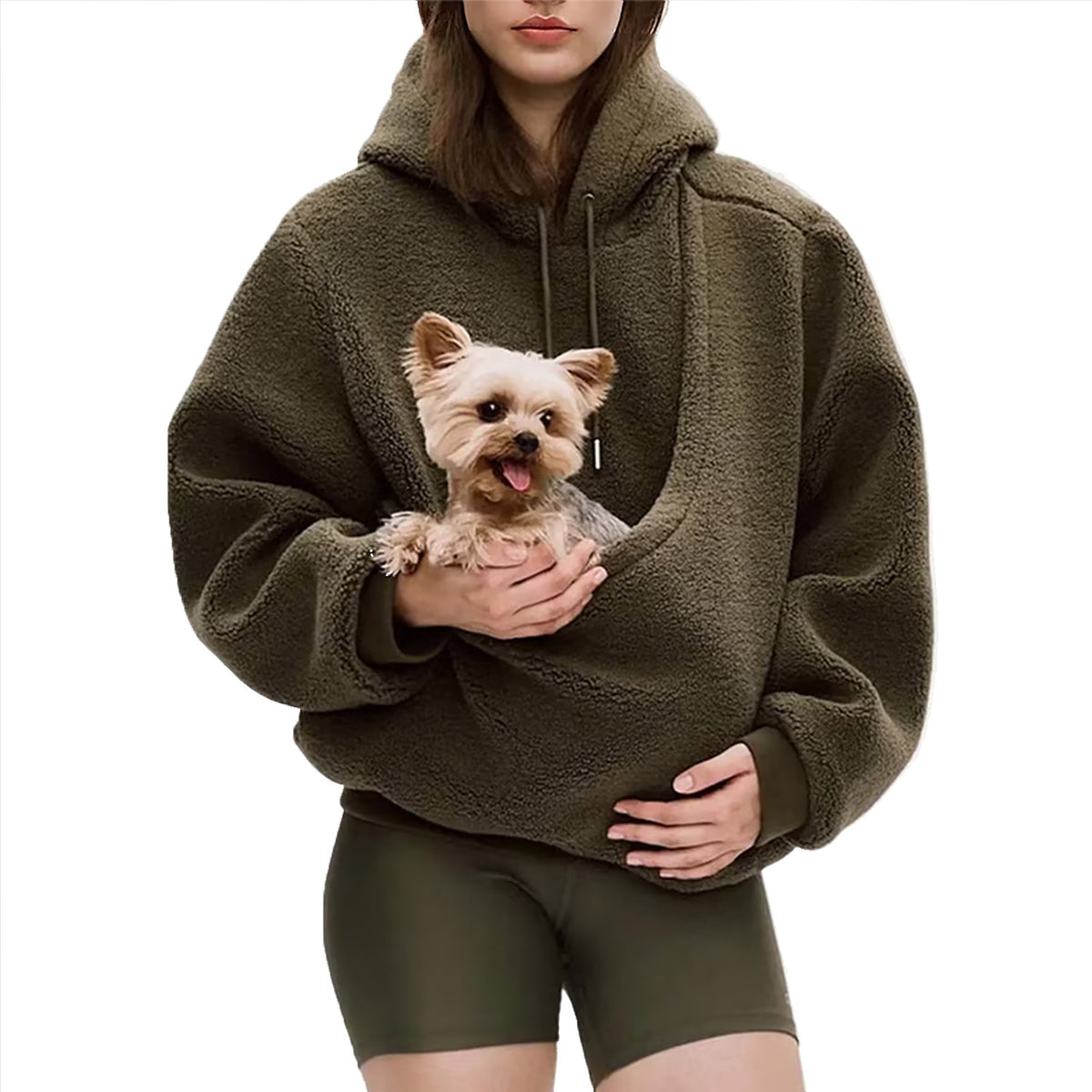 Olive pet pouch hoodie, with a small dog in the pouch