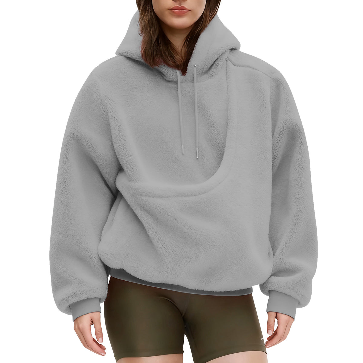 Gray pet pouch hoodie, worn by a model