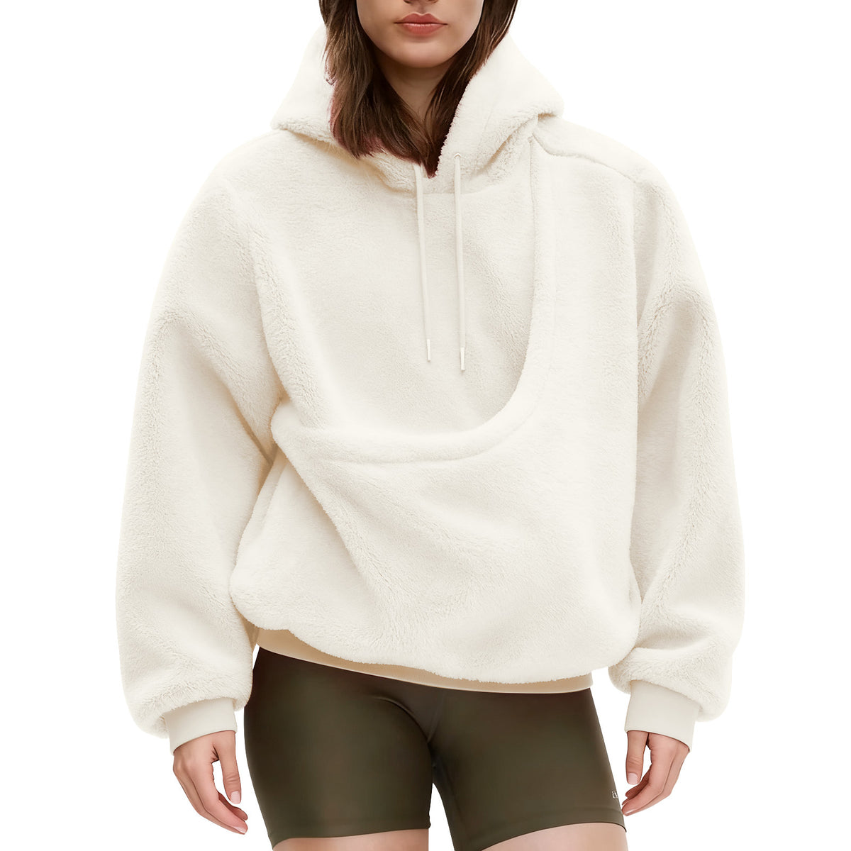 Ivory pet pouch hoodie, worn by a model