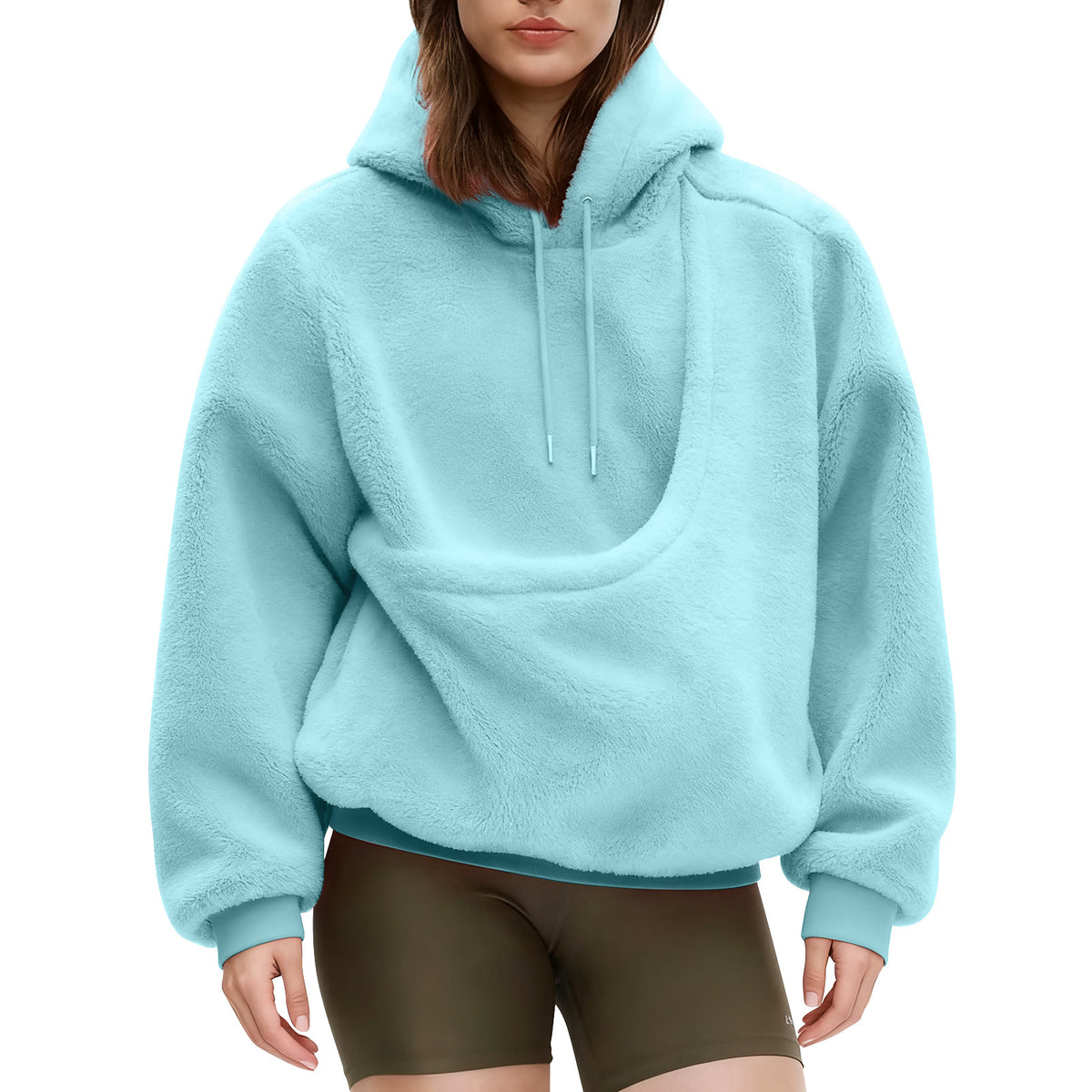 Sky Blue pet pouch hoodie, worn by a model