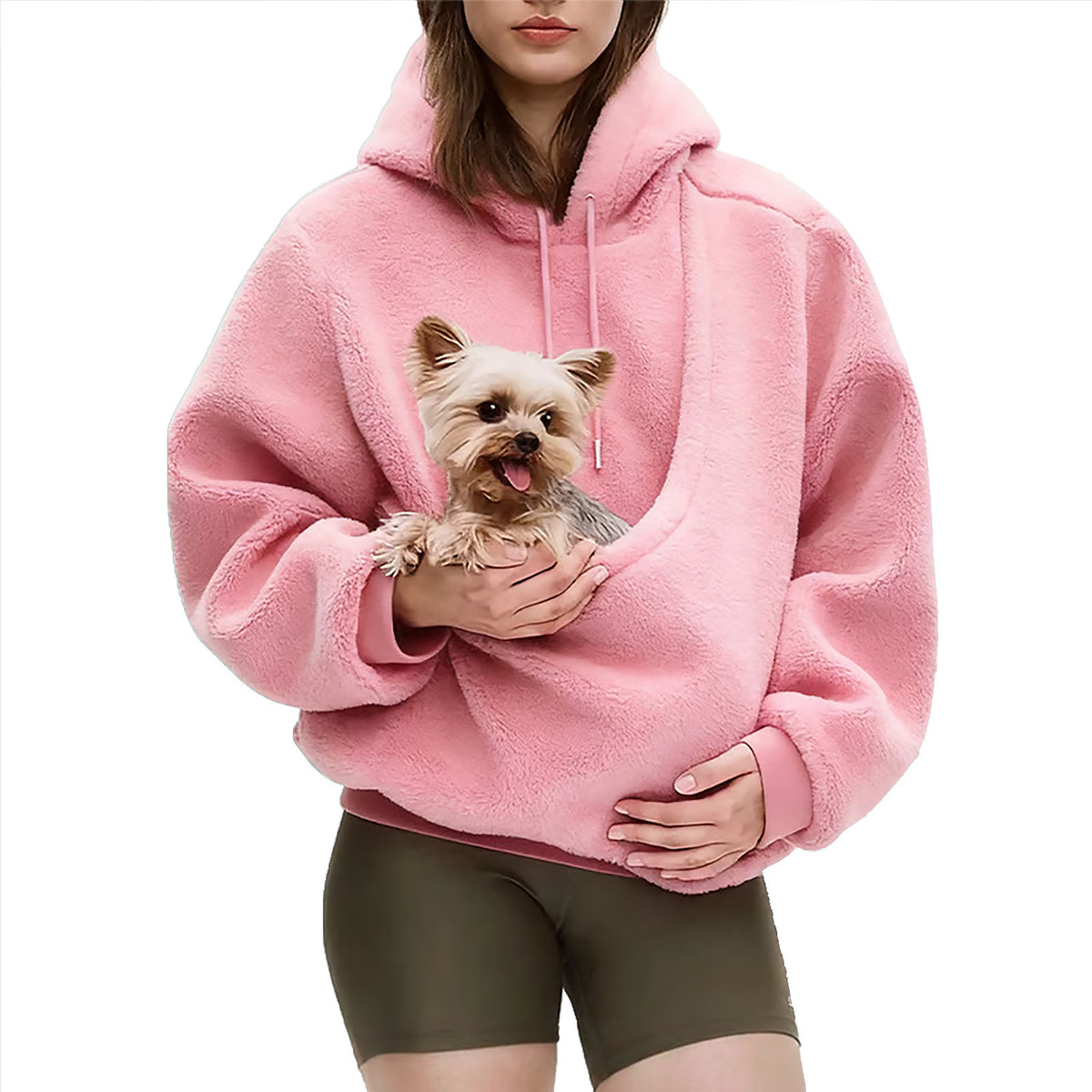 Pink pet pouch hoodie, with a small dog in the pouch
