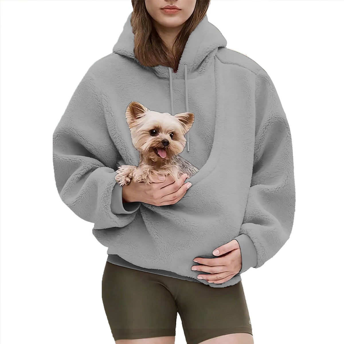 Gray pet pouch hoodie, with a small dog in the pouch