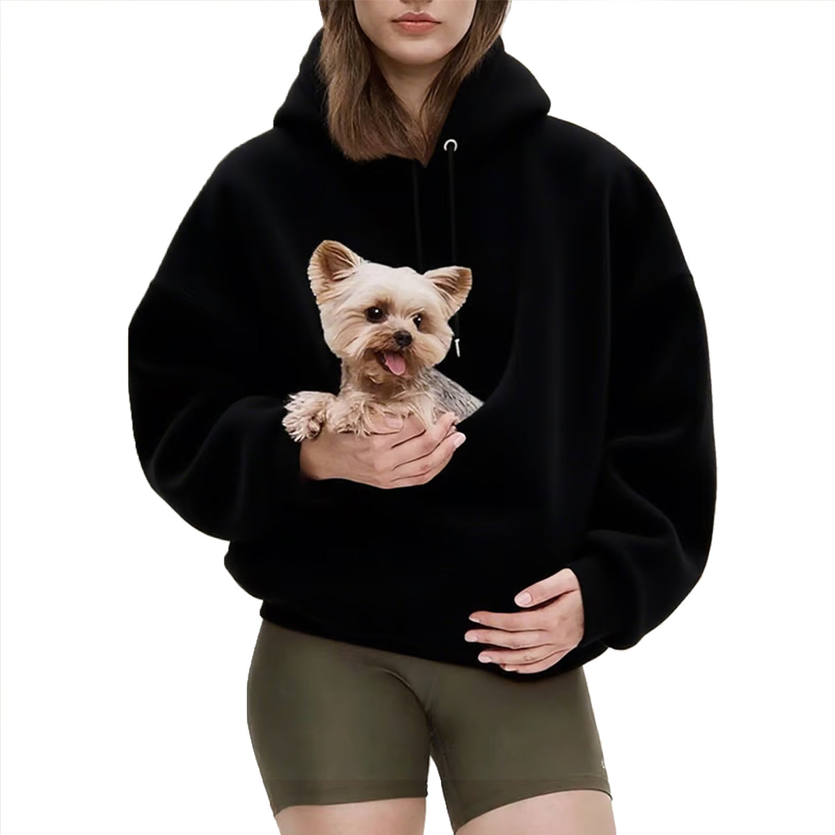 Black pet pouch hoodie, with a small dog in the pouch