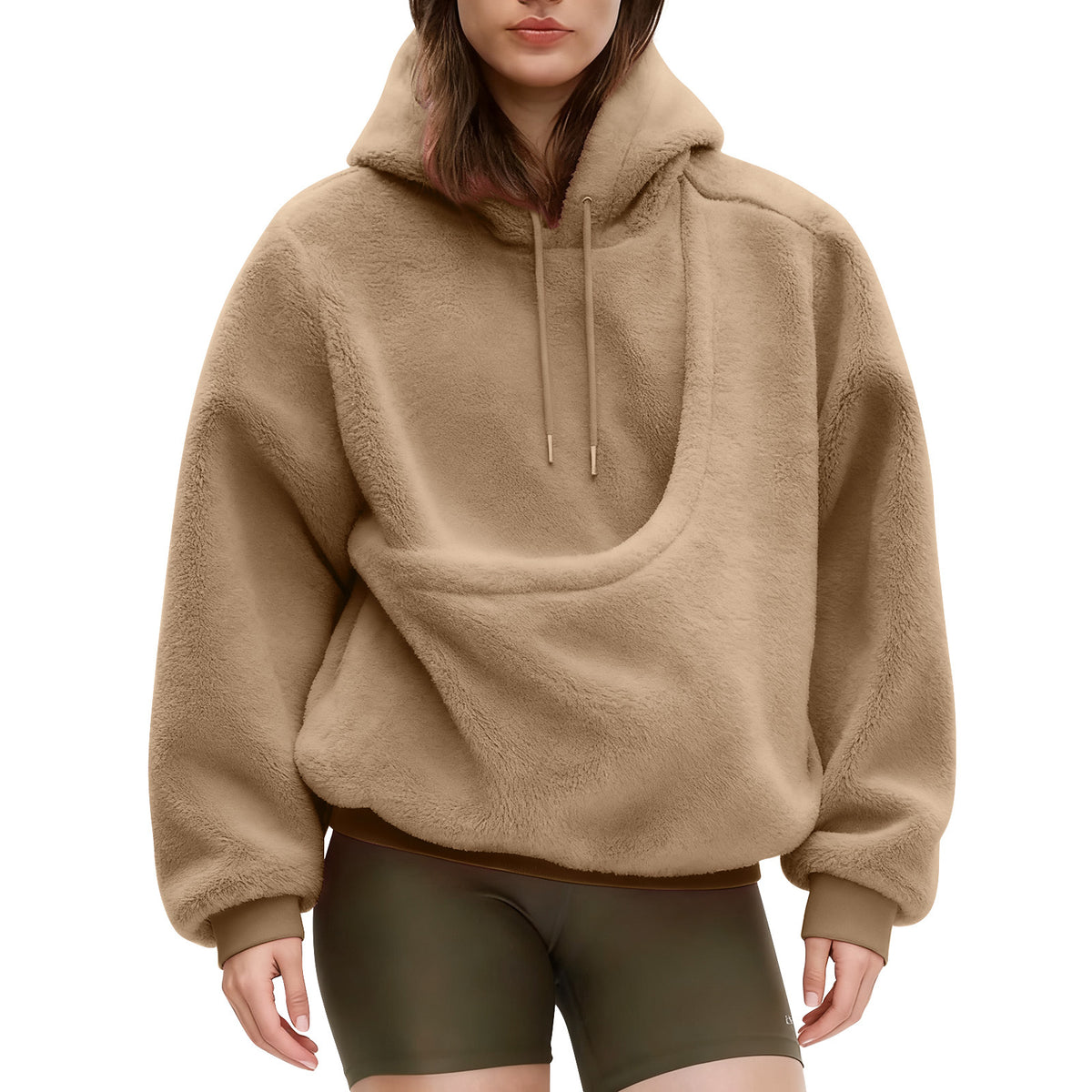 Khaki pet pouch hoodie, worn by a model
