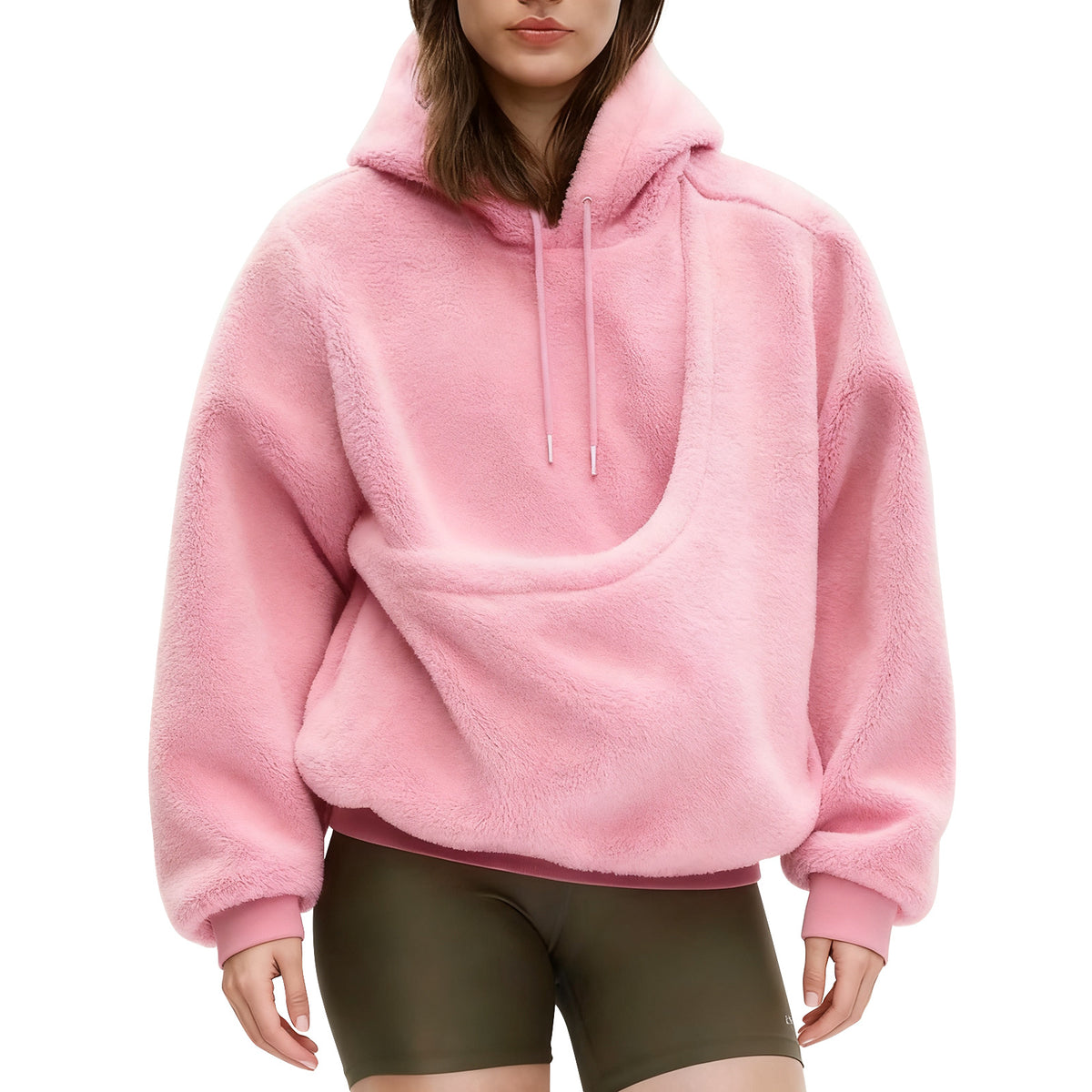 Pink pet pouch hoodie, worn by a model