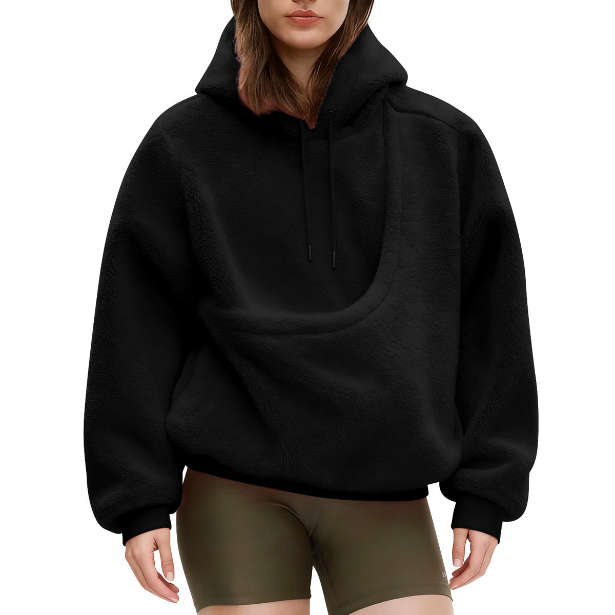 Black pet pouch hoodie, worn by a model