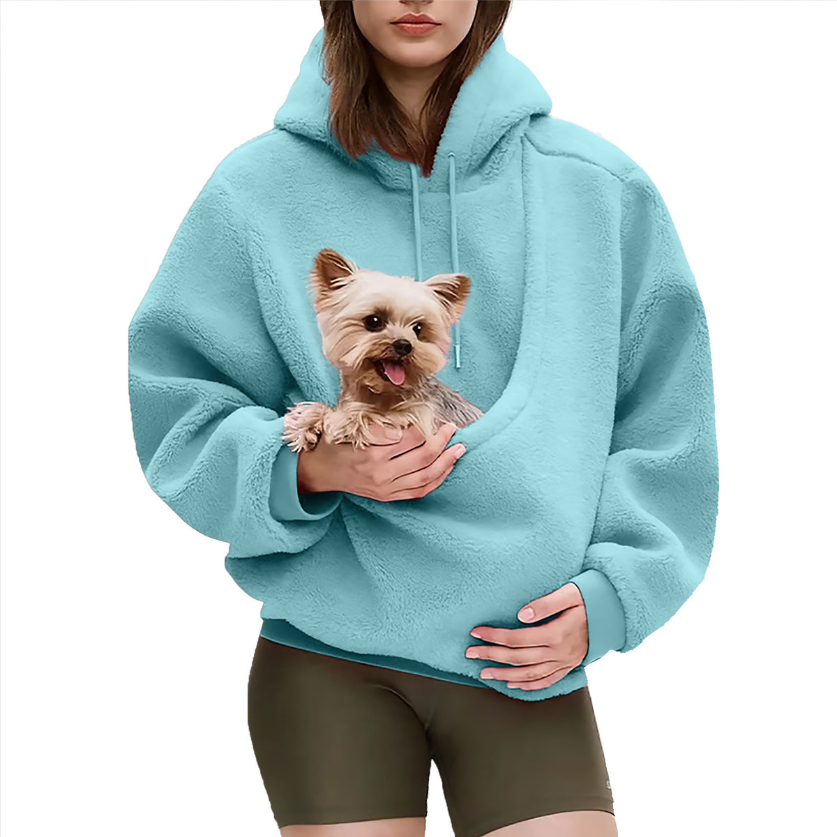 Sky Blue pet pouch hoodie, with a small dog in the pouch