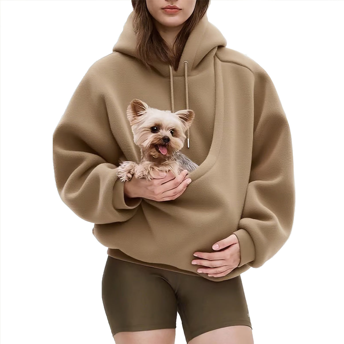 Khaki pet pouch hoodie, with a small dog in the pouch