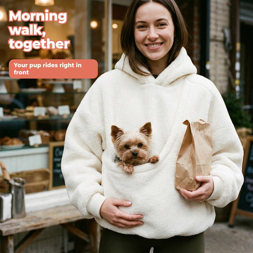 Ivory pet pouch hoodie with a Yorkie in the pouch, bakery morning
