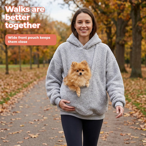 Gray pet pouch hoodie with a Pomeranian on a park walk