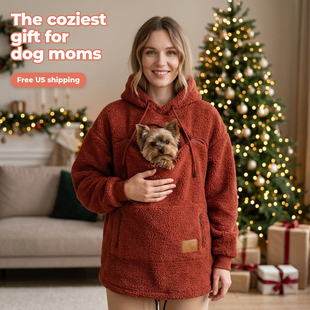 Brick red sherpa pet pouch hoodie with a Yorkie by the Christmas tree