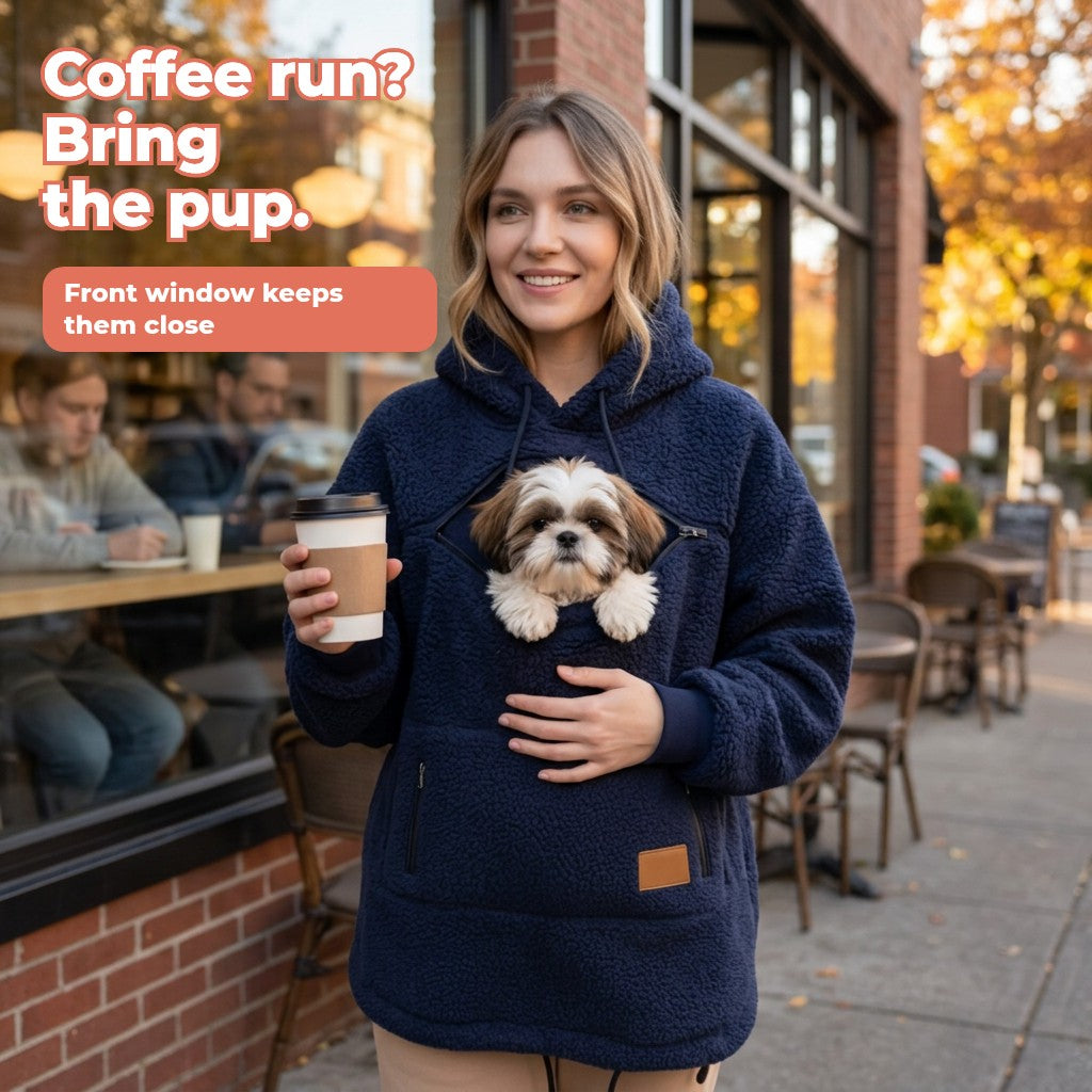 Woman in a navy sherpa pet pouch hoodie holding coffee, a Shih Tzu peeking out of the chest window