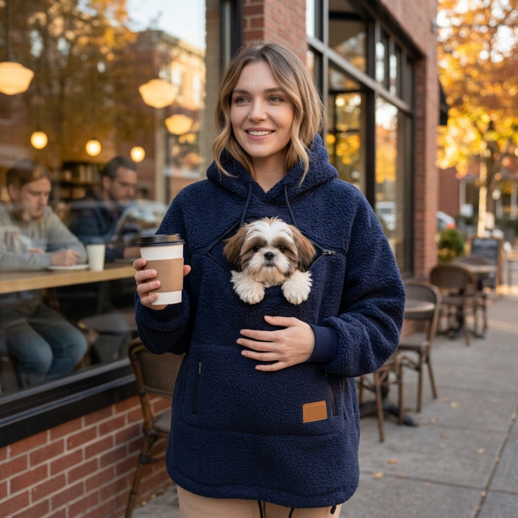 Navy sherpa pet pouch hoodie with a Shih Tzu in the chest pouch