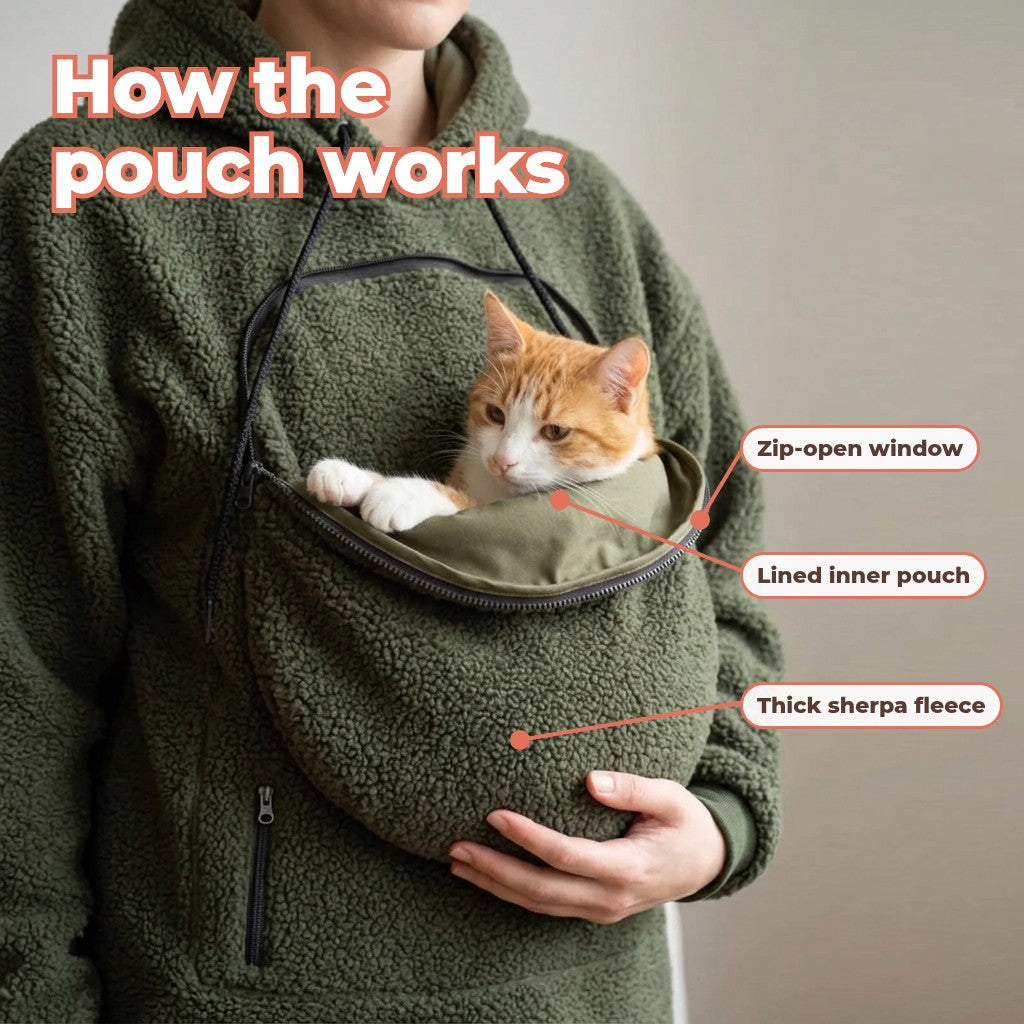 Close-up of the olive sherpa hoodie's zip-open chest pouch with a cat inside