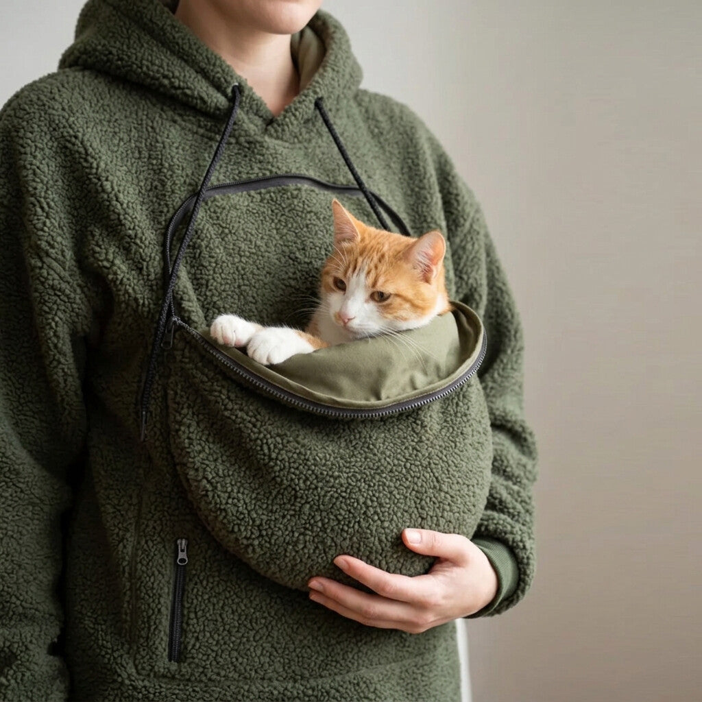 Olive sherpa hoodie chest pouch with a cat, one hand supporting the pouch